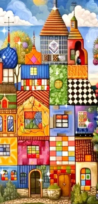 Whimsical colorful house illustration, sunny day.