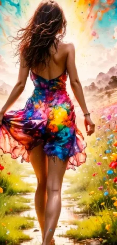 Woman walking in a vibrant fantasy landscape with colorful flowers.