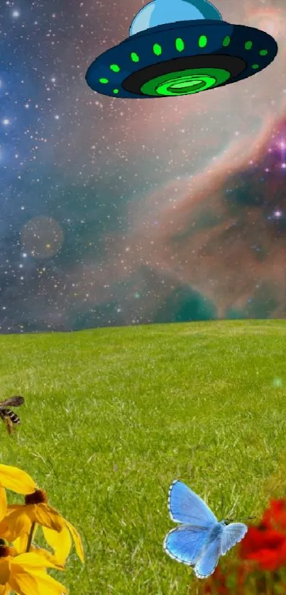 Vibrant fantasy landscape with UFO and colorful flowers against a starry sky.