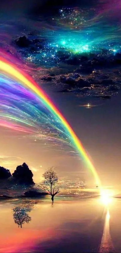Vivid rainbow over a serene lake with colorful clouds at sunset.