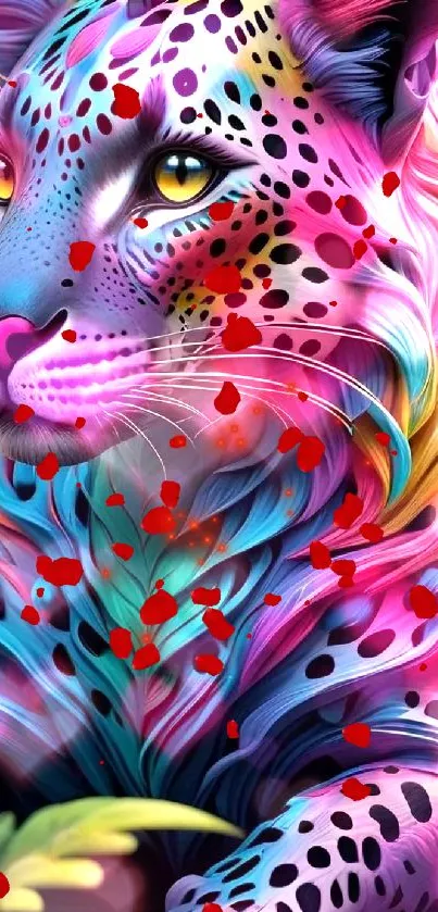 Colorful fantasy leopard with vibrant patterns and dreamy background.