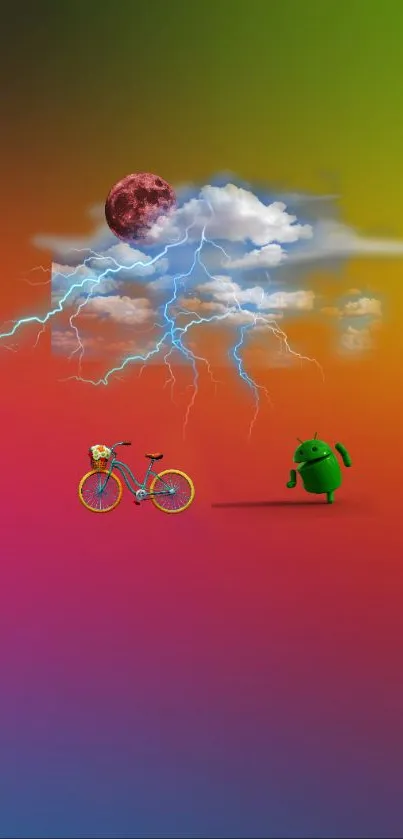 Vibrant fantasy wallpaper with lightning, clouds, character, and bicycle.