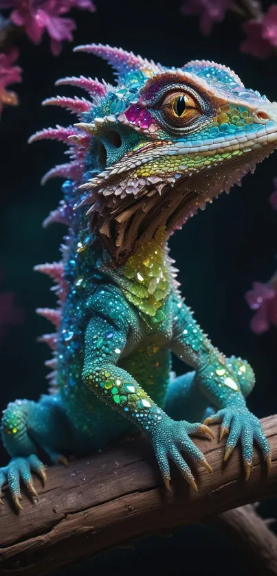 Fantasy lizard art with vivid colors and detailed scales on a mobile wallpaper.