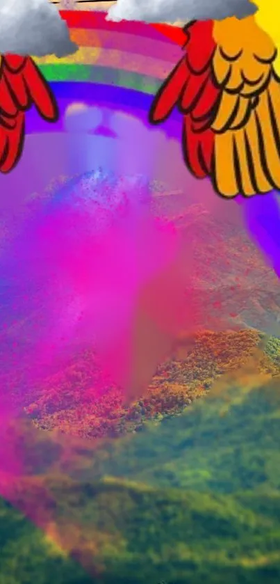 Vibrant fantasy wallpaper with rainbow and wings.