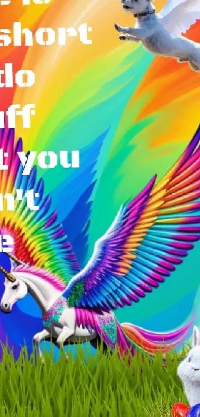 Colorful unicorn wallpaper with motivational text and rainbow wings.