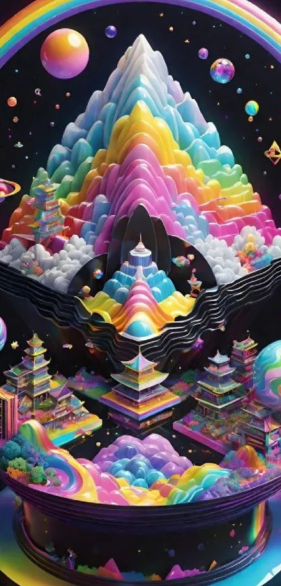 Vibrant colorful fantasy art wallpaper with rainbow mountains and cosmic elements.