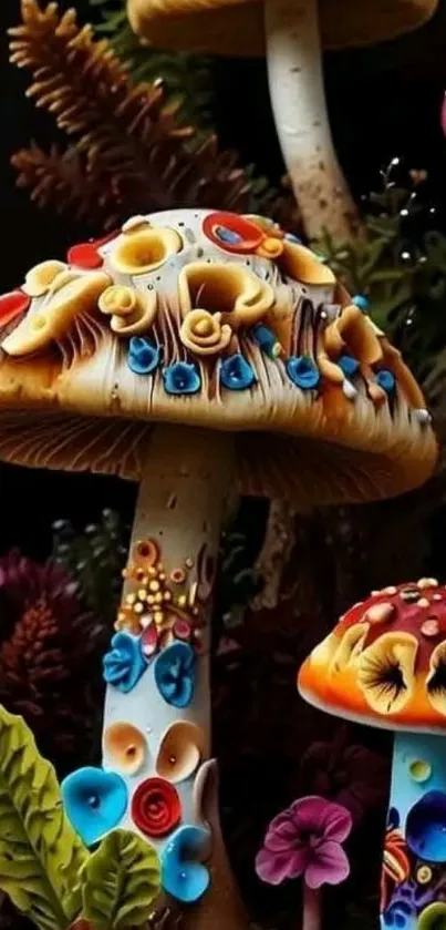 Colorful artistic mushrooms wallpaper design.