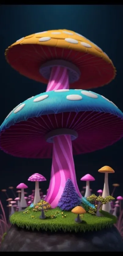 Vibrant fantasy mushrooms in purple and neon colors for a mobile wallpaper.