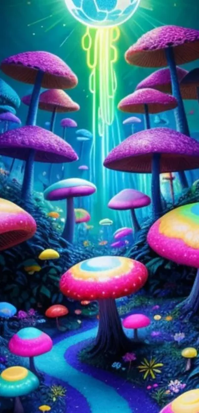 A colorful fantasy forest with glowing mushrooms and mystical light.