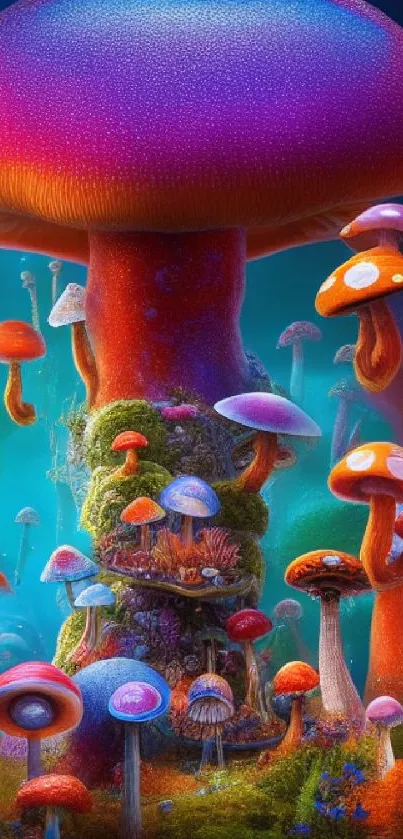 Vibrant fantasy forest with colorful mushrooms.