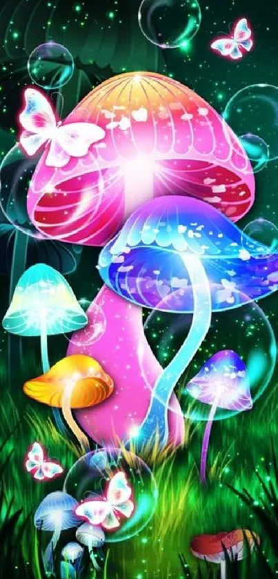 Vibrant fantasy wallpaper with glowing mushrooms and butterflies.