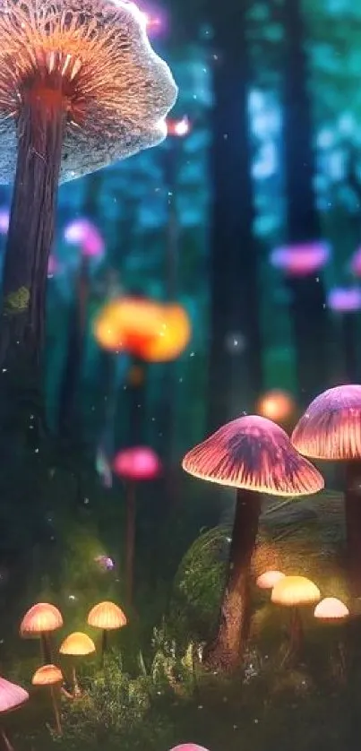 Whimsical neon mushrooms in a dark forest setting, perfect for fantasy wallpaper.