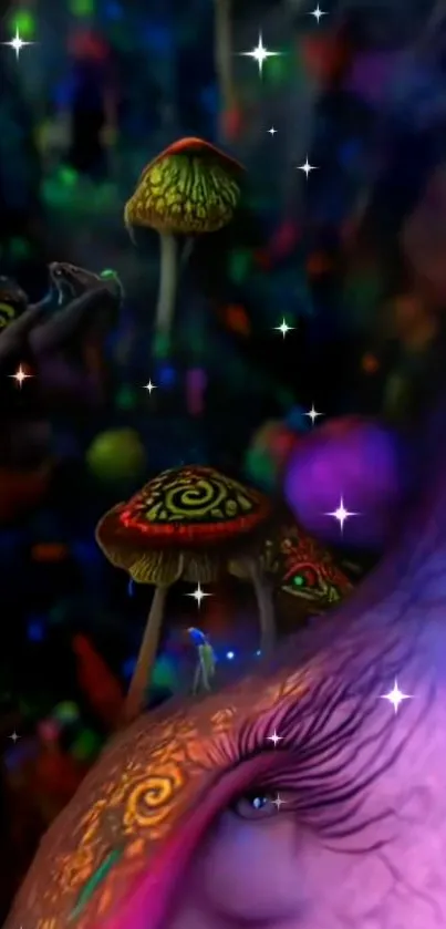 Vibrant fantasy scene with glowing mushrooms.