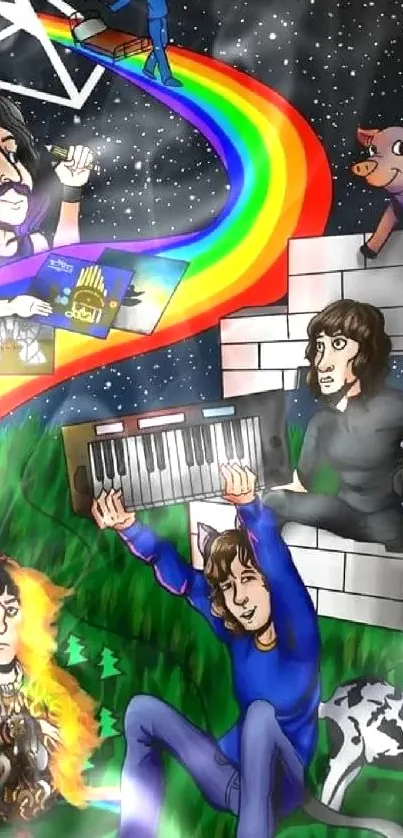 Colorful fantasy music wallpaper with musicians and a rainbow.