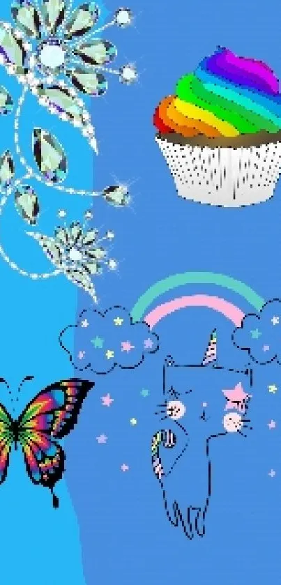 A colorful wallpaper with unicorn, butterfly, and cupcake on a blue background.