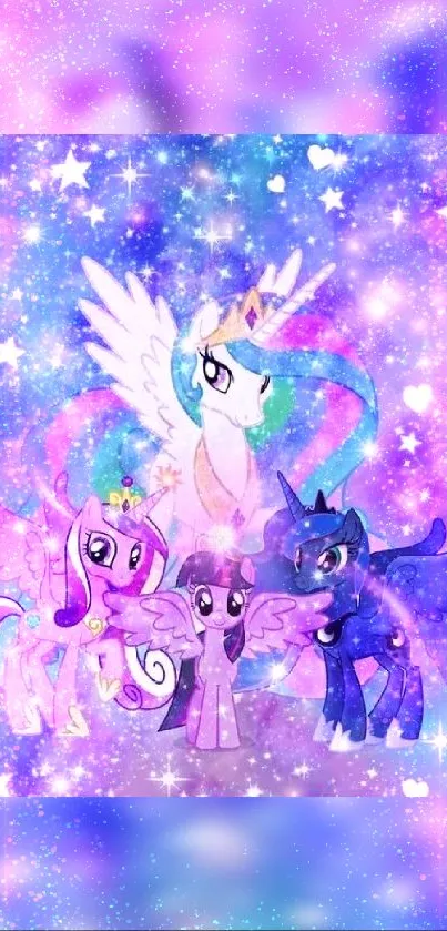 Colorful ponies in a starry magical scene, perfect for fantasy lovers.