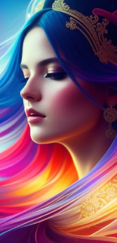 Colorful fantasy portrait of a woman with flowing hair and an ornate crown.