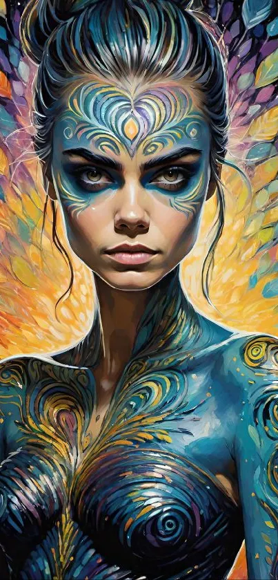 Colorful fantasy portrait art of a woman with intricate patterns.