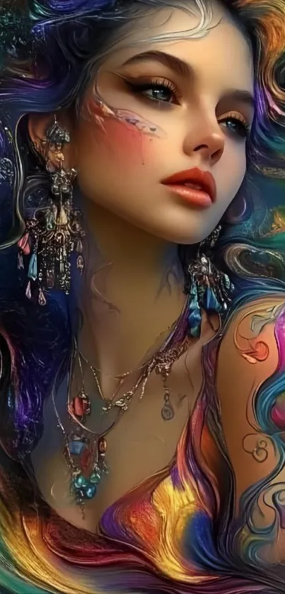 Vibrant fantasy portrait art with colorful designs and intricate jewelry.