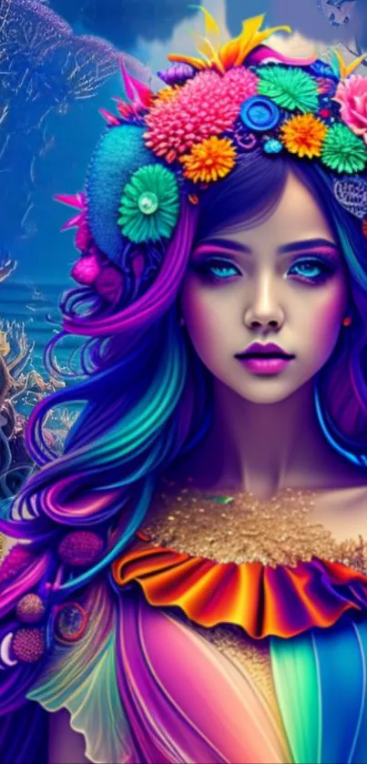 Colorful fantasy portrait wallpaper with vibrant floral accents for mobile.