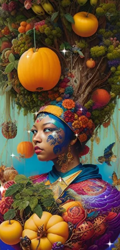Vibrant fantasy portrait with pumpkins and rich colors, digital art wallpaper.