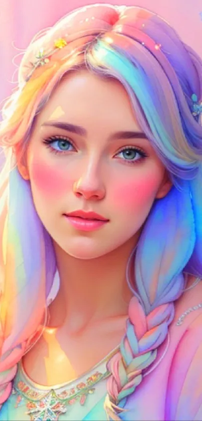 Colorful fantasy princess with pastel hues and braided hair.