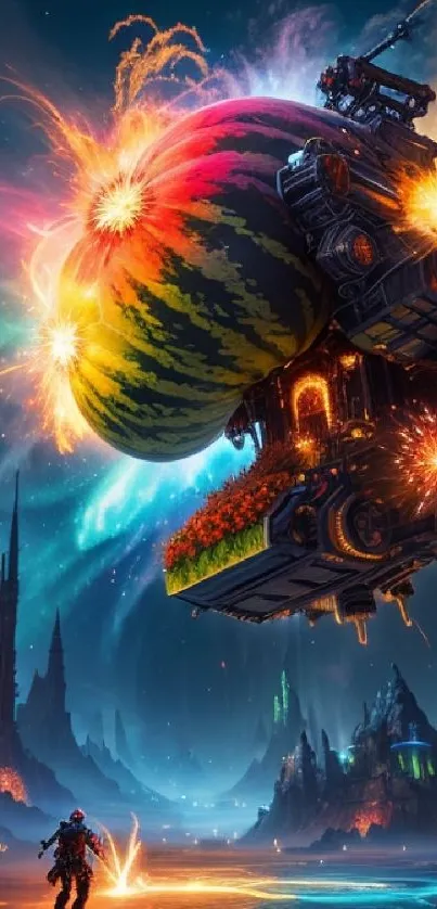 Colorful airship in a sci-fi fantasy landscape with vibrant, surreal elements.