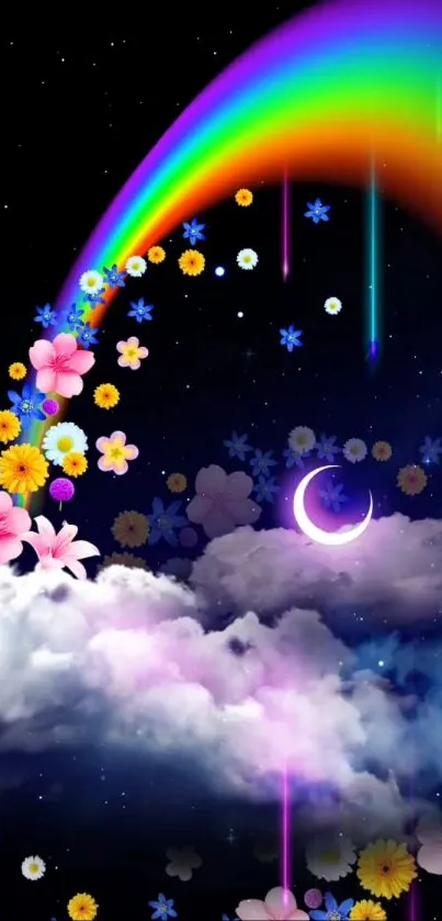 Fantasy sky with rainbow, flowers, and clouds.