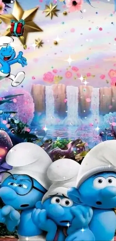 Whimsical Smurfs wallpaper with colorful scenery and characters.