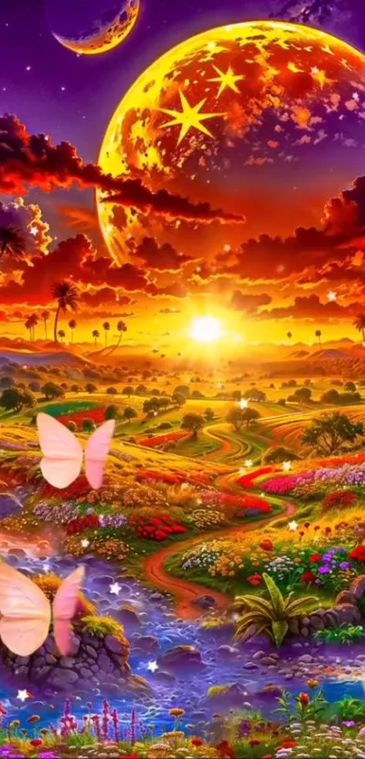 Colorful fantasy sunset landscape with planets and butterflies.
