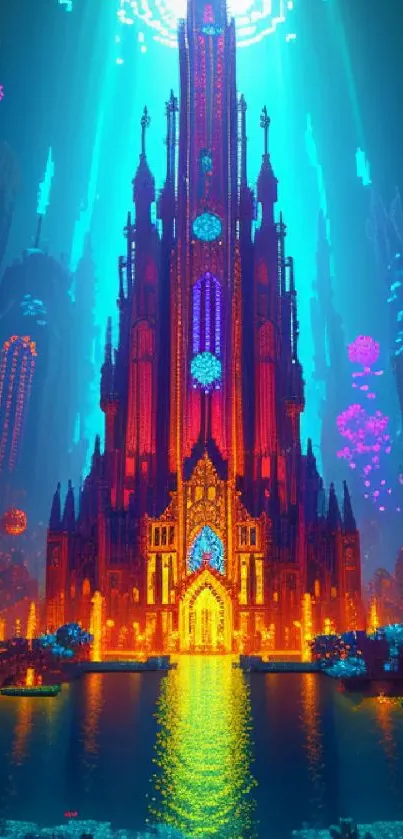 Vibrant digital fantasy tower with colorful glow in a mystical cityscape.