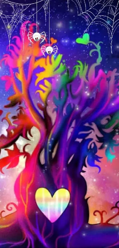 Colorful abstract tree with cosmic background and heart design.