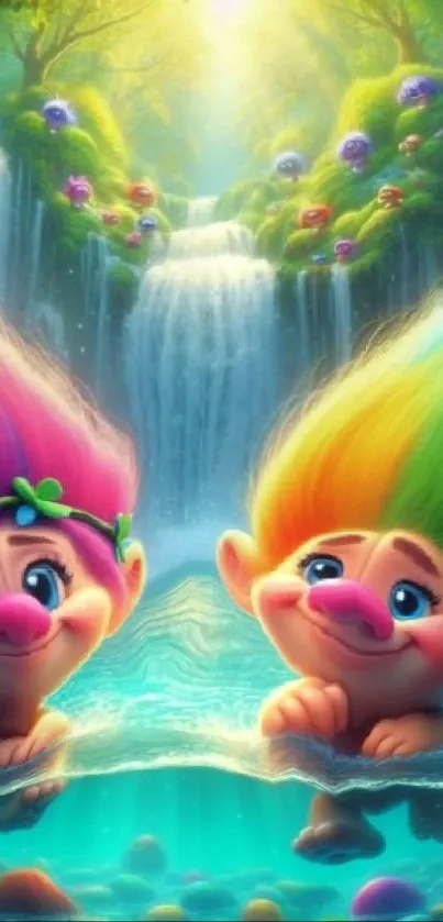 Colorful trolls in a bright fantasy landscape with waterfall.