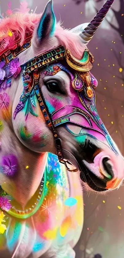 Vibrant, colorful unicorn art in a mystical forest setting.