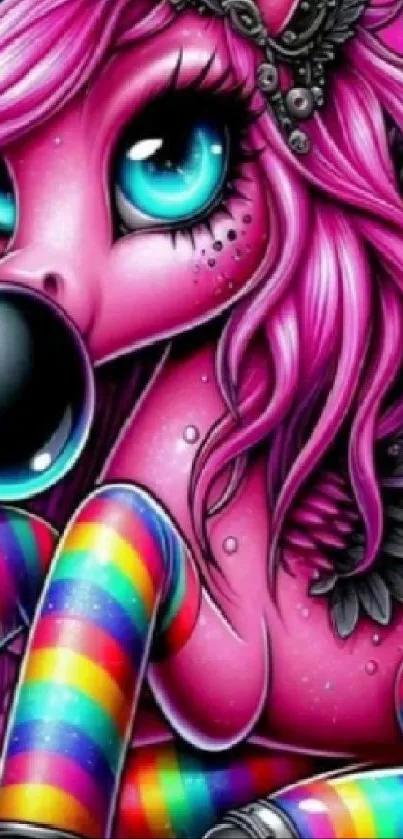 Vibrant pink pony with rainbow colors and wings, exuding cute fantasy vibes.