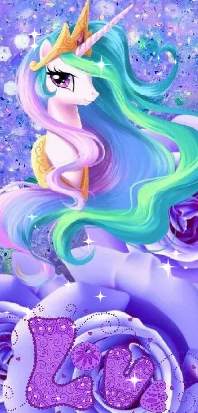 Colorful unicorn with flowing mane and roses on a purple background.