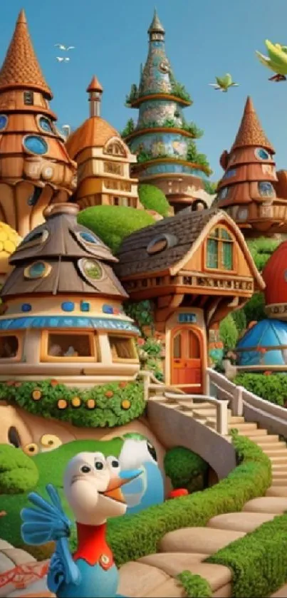 Vibrant fantasy village with colorful houses and lush greenery wallpaper.