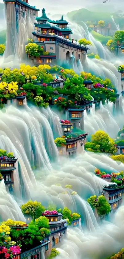 Fantasy landscape with waterfalls and lush greenery for mobile wallpaper.