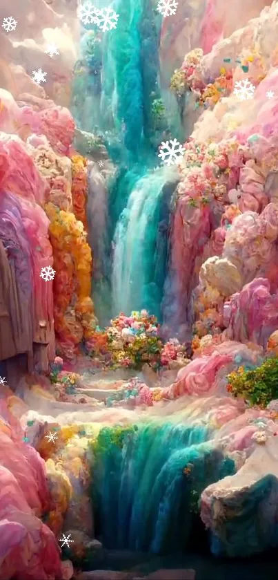 Colorful fantasy waterfall with vibrant pink and turquoise rocks.