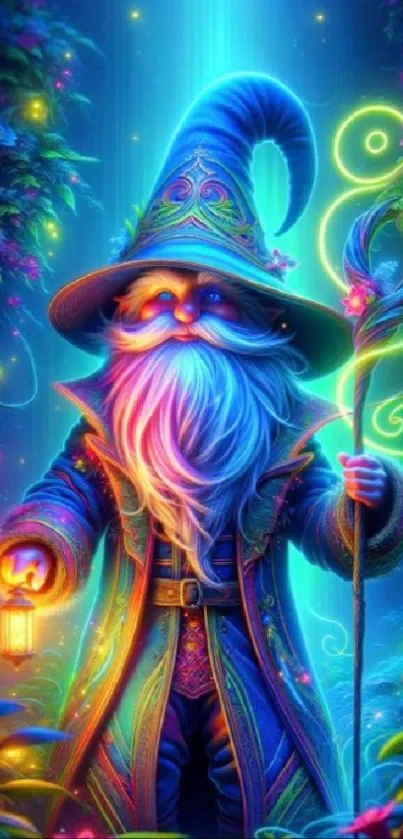 Colorful wizard in a mystical forest with vibrant glowing colors and magical aura.