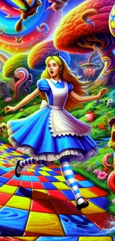 Whimsical girl running in a colorful fantasy landscape.