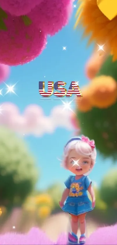 Vibrant fantasy wallpaper featuring a cartoon child and colorful scenery.