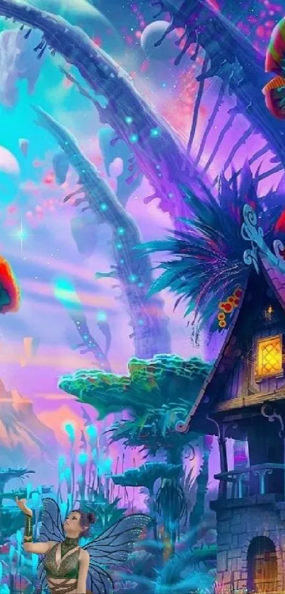 Colorful fantasy world with glowing mushrooms and mystical landscapes.