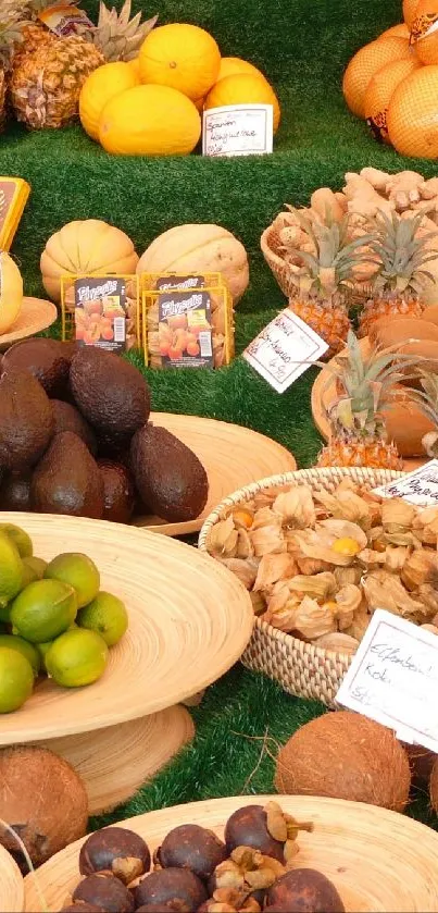 Colorful assortment of fruits at a farmer's market display on a green background.