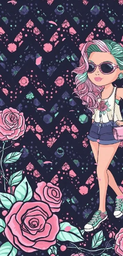 Fashionable doll with pink hair and floral design mobile wallpaper.