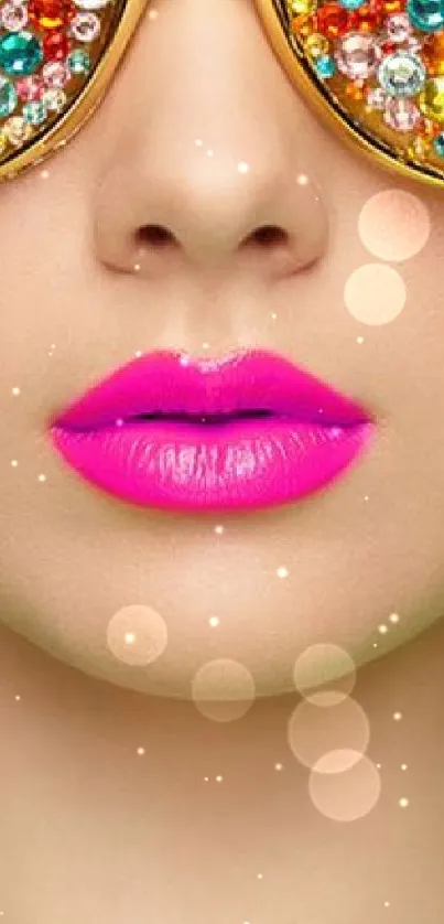 Bold fashion image with gem sunglasses and neon pink lips.