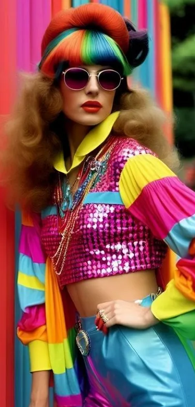 Vibrant woman in colorful clothing posing confidently.