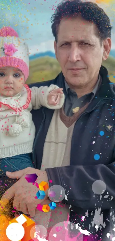 Vibrant family portrait with artistic colors and a father holding a child.