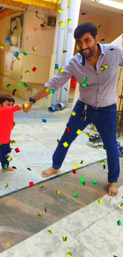 Father and child playfully interacting outdoors in bright sunshine.