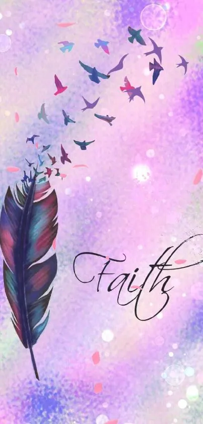 Colorful feather with birds and the word 'Faith' on a purple background.